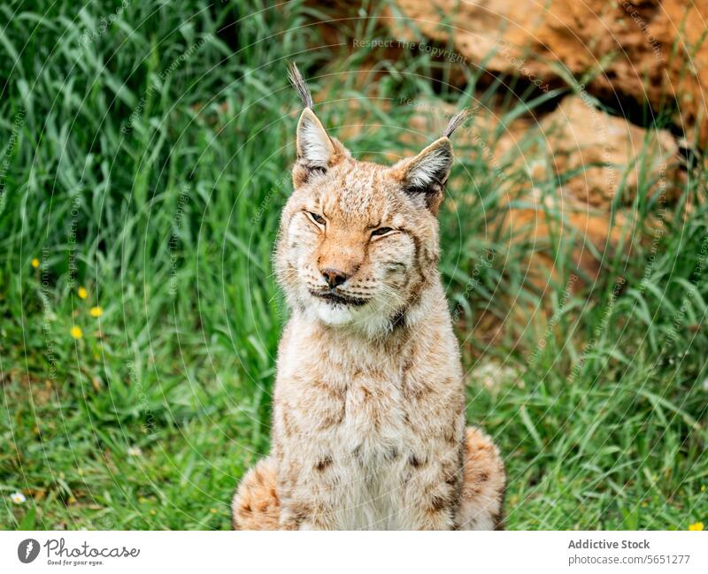 Smiling Lynx Resting in the Grass lynx feline wildlife nature animal mammal grass outdoor predator cat eurasian lynx smiling resting serene content squinting