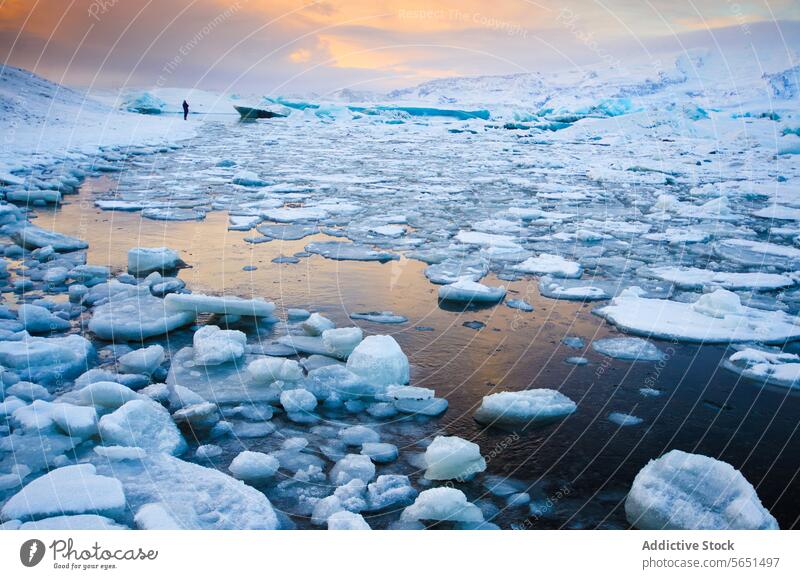 A person stands at the edge of a glacial lagoon filled with ice chunks under a pastel sunset sky in Iceland glacier winter cold nature scenic travel landscape