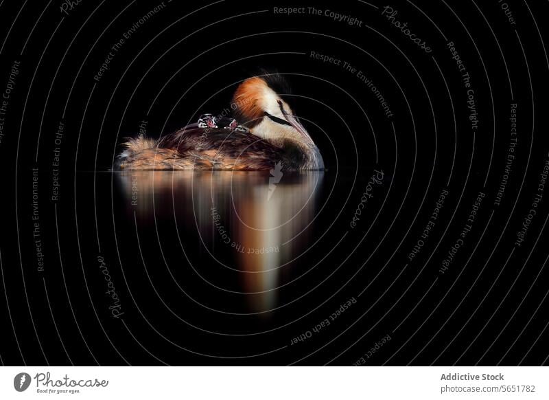 A great crested grebe with chicks on its back is reflected in the dark waters of the lake, a picture of parental care Great crested grebe reflection nature