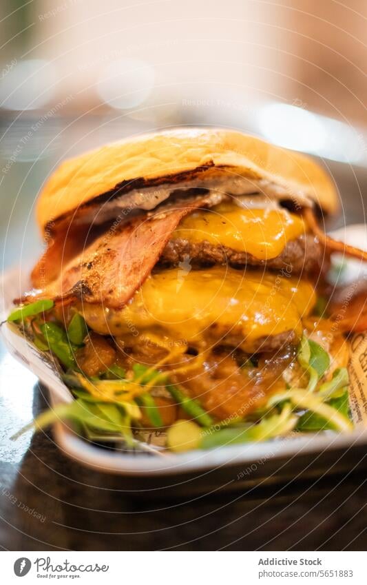 Gourmet beef burger with melted cheddar, crispy bacon, caramelized onions, and fresh greens on a brioche bun, served on a newspaper-lined plate gourmet cheese