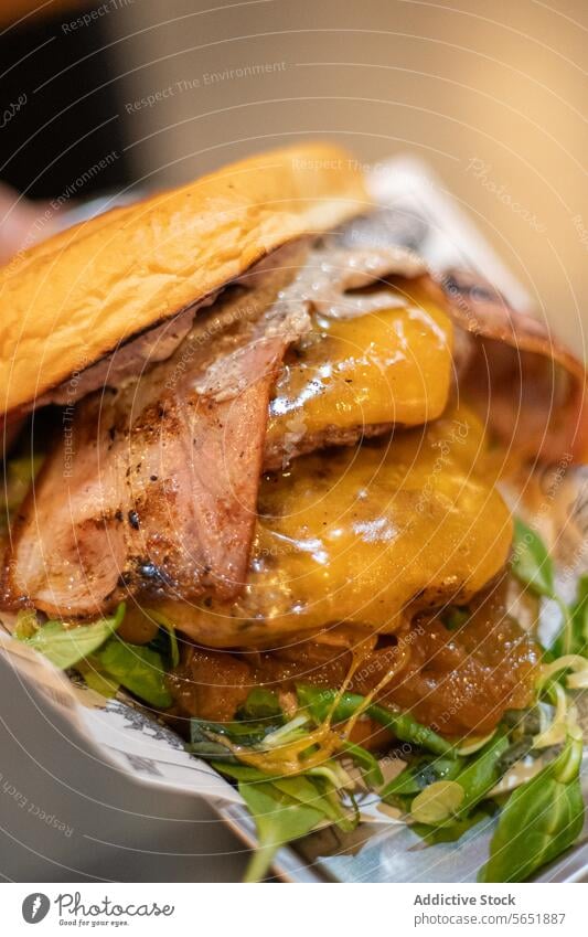 Gourmet beef burger with melted cheddar, crispy bacon, caramelized onions, and fresh greens on a brioche bun, served on a newspaper-lined plate gourmet cheese