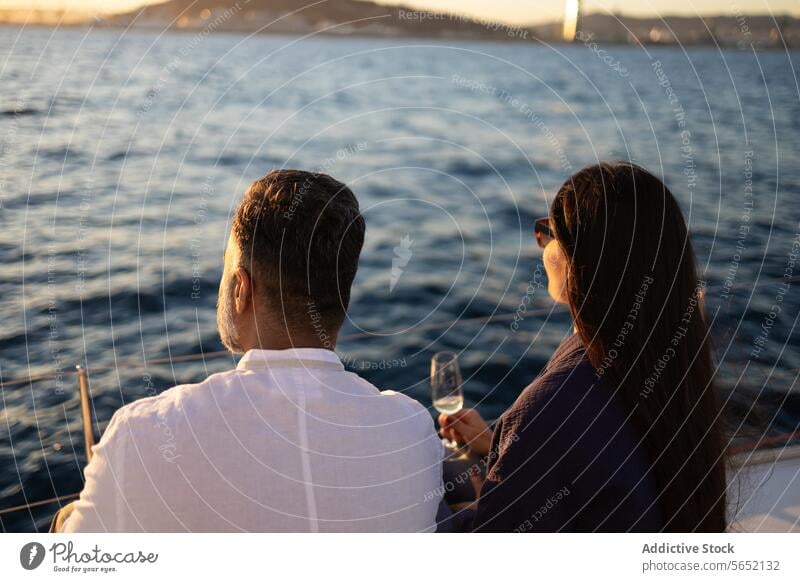 Back view couple clinking wineglasses in yacht against sea love romantic toast ocean beach alcohol date resort drink cheers enjoy pleasure seascape romance