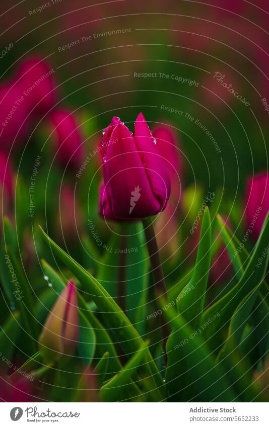 Close up of magenta blossom tulips with water droplets against a blurred green background in the Netherlands flower petal bloom horticulture spring nature