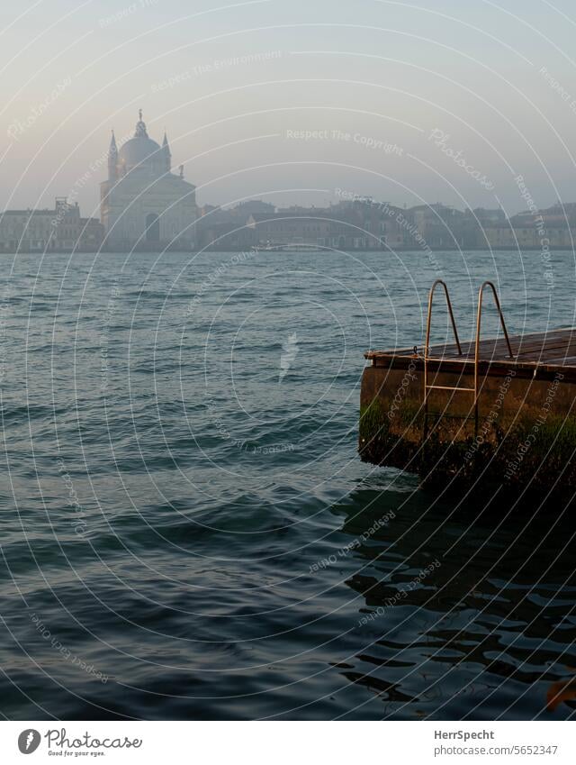 Foggy morning in Venice with Santissimo Redentore church on Giudecca Italy Exterior shot Old town Port City Channel Tourism Tourist Attraction Vacation & Travel