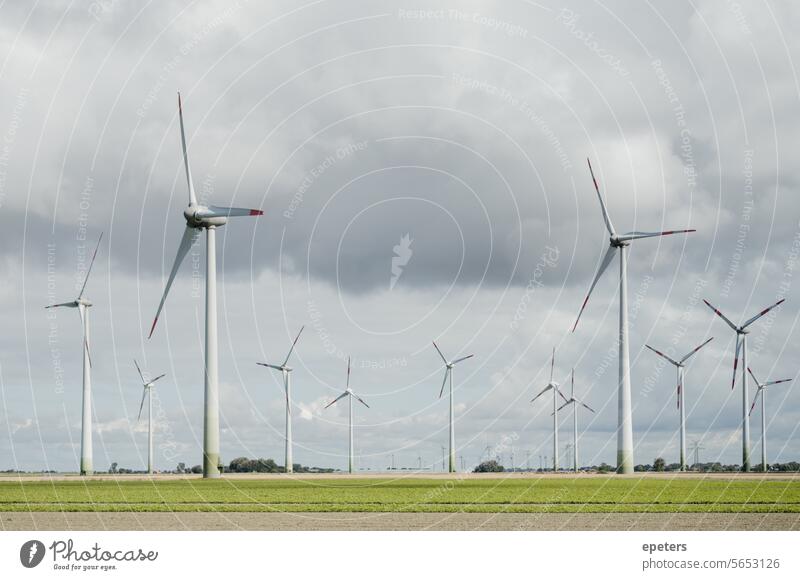 Wind turbines on a field in front of gray clouds Wind energy plant Germany Energy Energy industry energy revolution Renewable energy Pinwheel Electricity