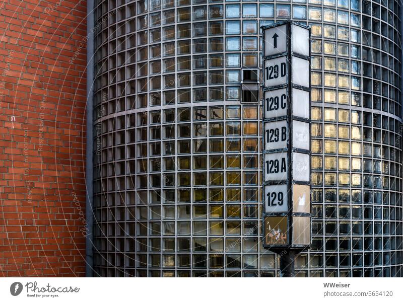 Elements of a creative residential complex from the middle of the 20th century Facade Staircase (Hallway) glass tiles brick Brick Architecture House numbers