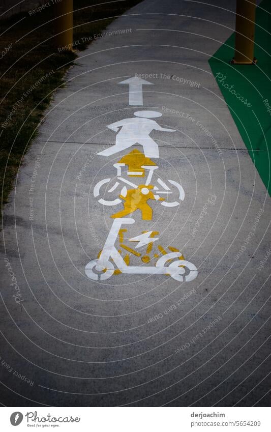 You're on the right track here. Asphalt, scooter, bike and runner. Markings Deserted Signs and labeling Traffic infrastructure Colour photo Exterior shot Day