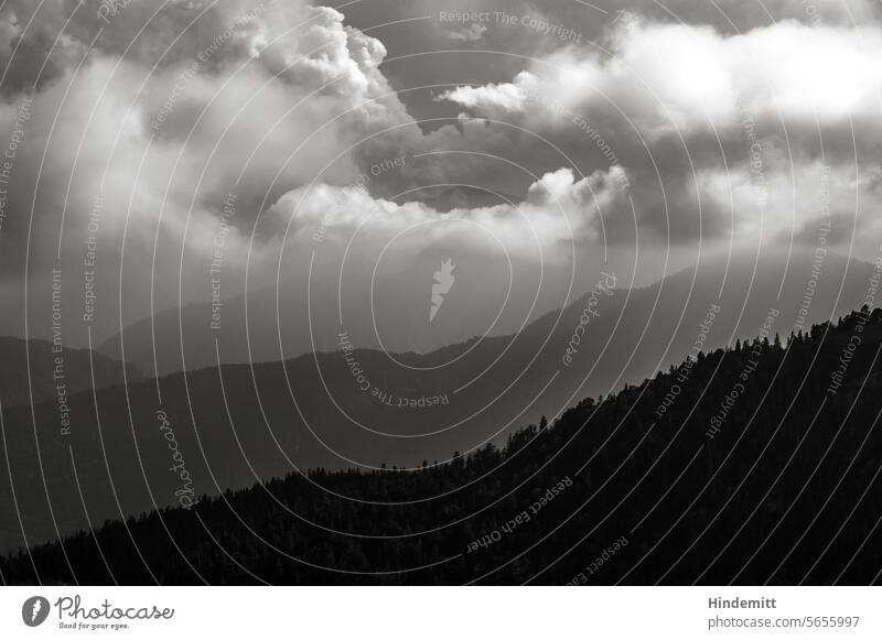 Mountain and valley mountains Landscape Sky Exterior shot Clouds Deserted Mountain range Peak Panorama (View) Environment Vantage point Far-off places Hiking