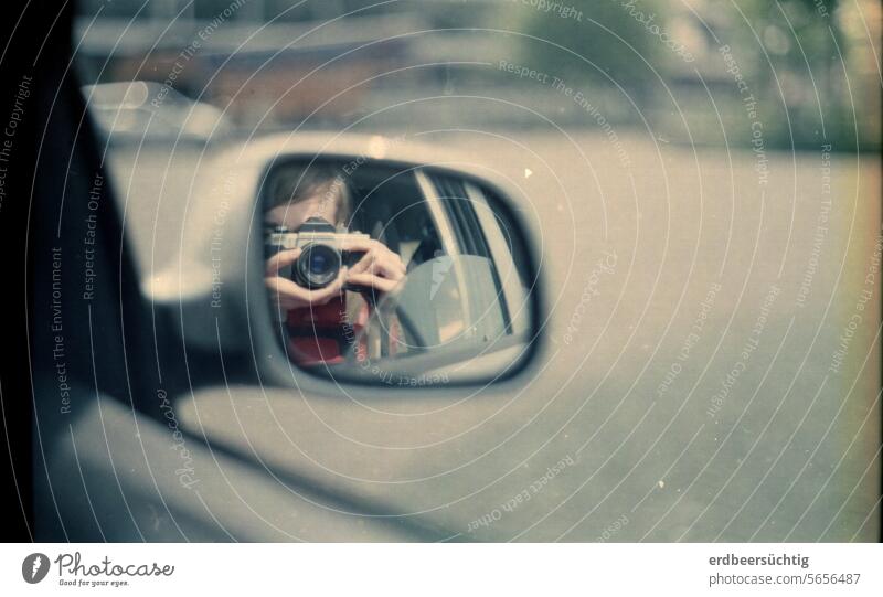 Analog car mirror selfie Camera Rear view mirror Self-portrait Selfie Woman Photography photographer Take a photo Retro Focus on Leisure and hobbies Lifestyle