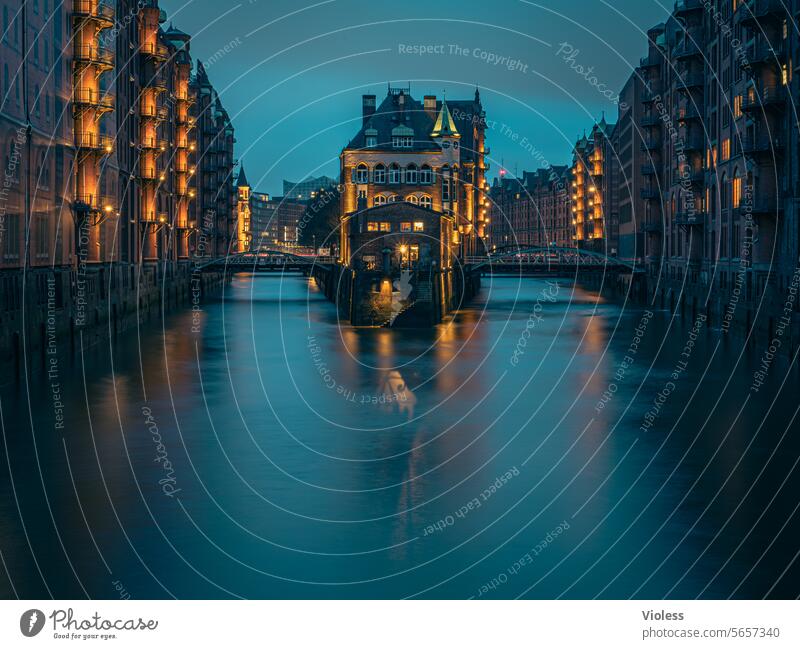 Old home - Elbschlösschen II Hamburg storehouse city Elbe Night Illuminated Bridge Moated castle Port City Tourist Attraction Landmark Long exposure