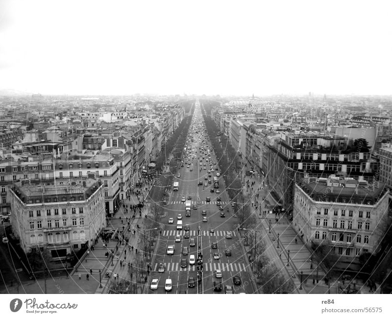 The world stands still - Paris without curves Main street France Traffic jam Chaos Transport Town Boutique Luxury Flea Black White Gray Horizon Horizontal