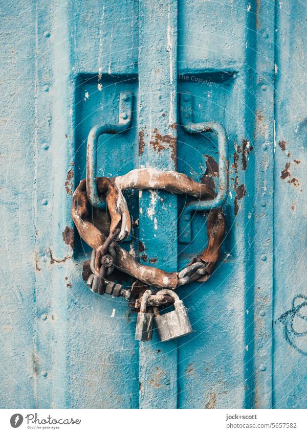 Locked and locked Barred Container Safety Closed Metal Detail Authentic Weathered Surface Ravages of time Deep depth of field Storage corroded Old Transience