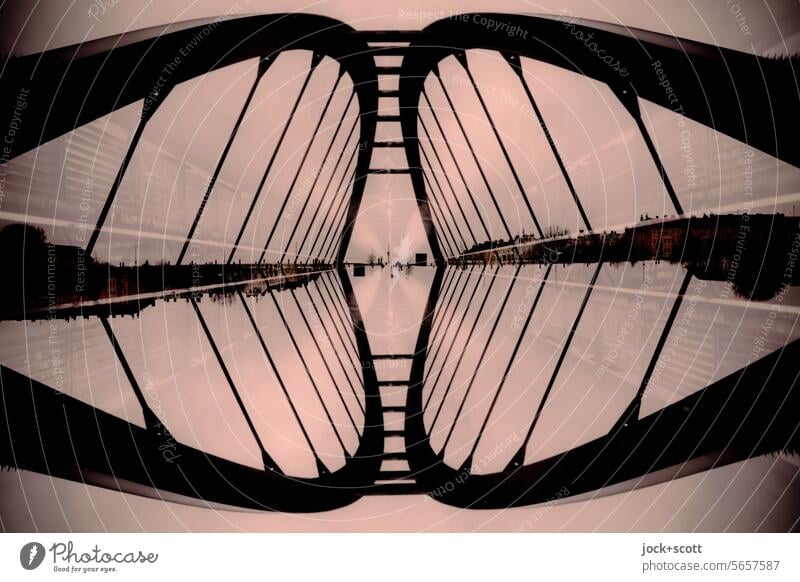 Double bridge Footbridge Bridge Double exposure Modern architecture Construction Arch Span Symmetry Schwedt Footbridge Silhouette Depth of field