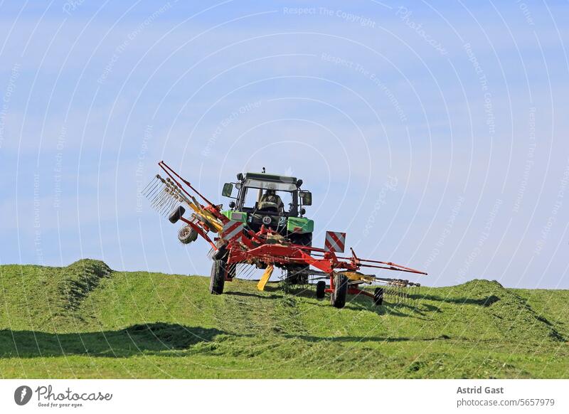 Haymaking with a tractor in a field in the Oberallgäu region Tractor mares Farmer peasant Hay harvest Grass Field Agriculture mower Vehicle Industry work