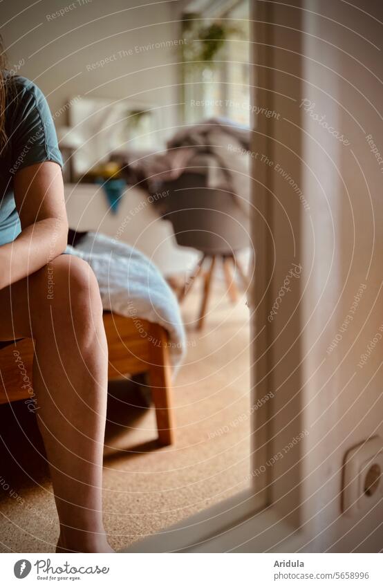 Reflection, person sitting on the edge of the bed, a bit of disorder in the background ... Mirror Human being Bed Sit Bedroom Untidy Interior shot