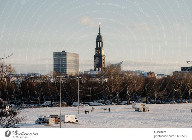 View of the Heiligengeistfeld in Hamburg on a sunny winter's day with the Hamburg Michel and the Elbphilharmonie in the background Elbe Philharmonic Hall