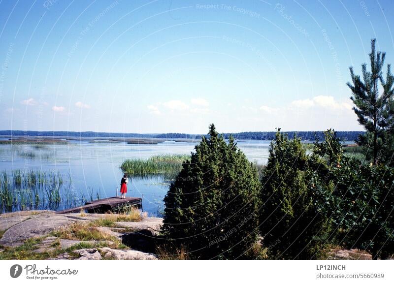 Times past X. The woman on the jetty Footbridge Water Scandinavia Swede Retro Old Former Vacation photo Analog analogue photography Photography movie Slide