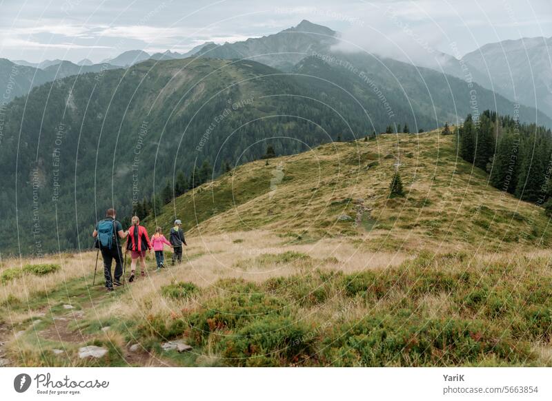 Family hiking unerring Target Morning cloudy mountain pine path hiking trail Uneven up and down off real Stony hiking pleasures wanderlust