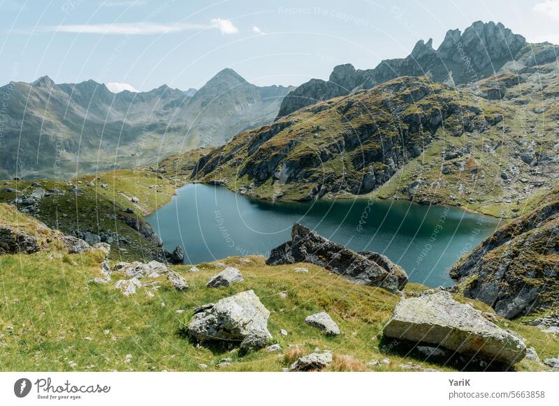 Mountain lake panorama Green hiking pleasures wanderlust Gorgeous full of the joys of life real fantastically beautiful relax Paradise Relaxation Rest cheerful