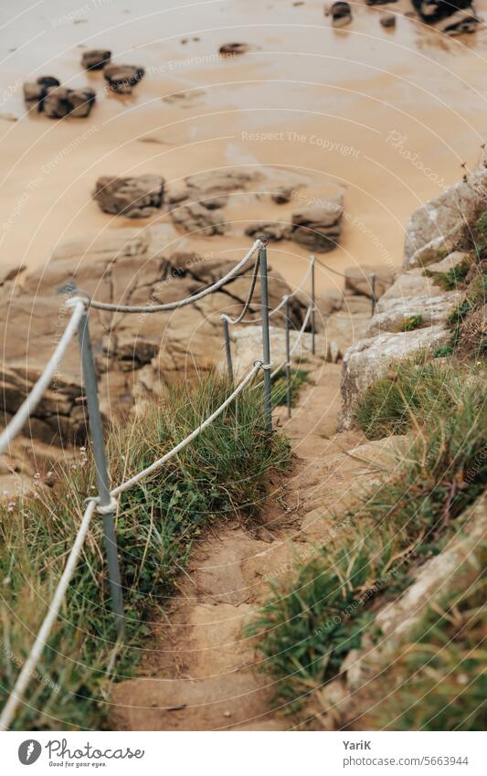 beach access Sandy beach Blue coast sea breeze Brittany Waves Water Rock Rough seashells relaxation Blue sky blue water Seashore France Tide coastal migration