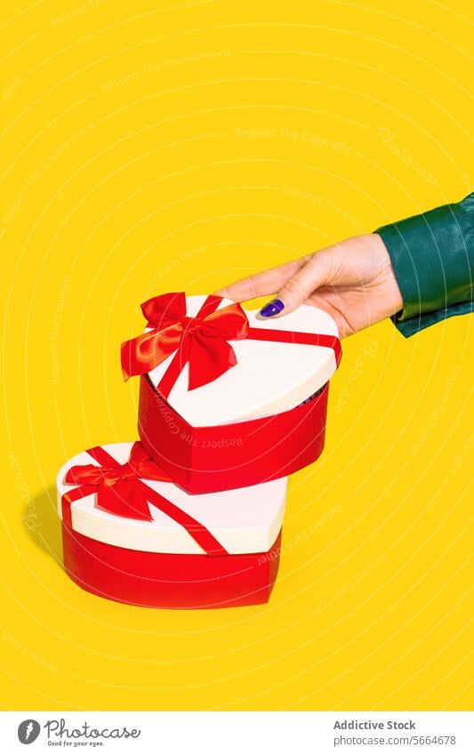 Anonymous hand poised above a stack of heart shaped gift boxes with red ribbons on a yellow background Hand present valentine love celebration festive