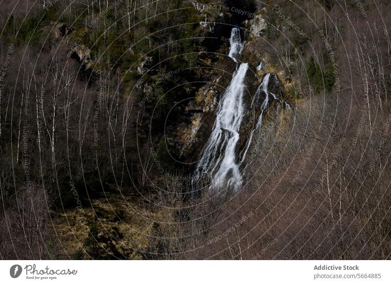 A majestic waterfall cascades down rugged cliffs amid bare trees and golden grasses in the Valle de Eriste, located in the Pirineos of Huesca, Aragon, Spain