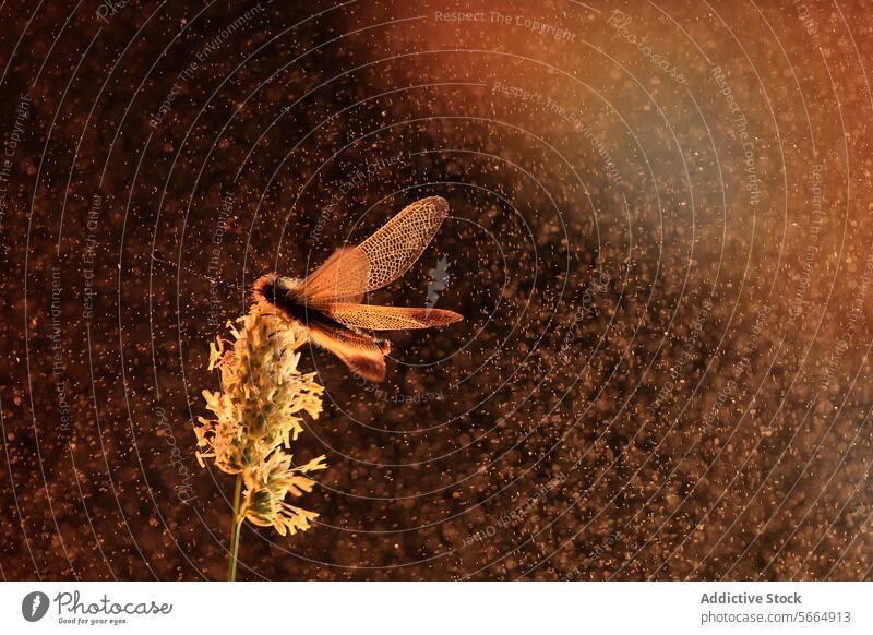 A Libelloides ictericus against a sparkling, warm background, resembling a starry nigh night insect nature wings antennae glow evening silhouette iridescent