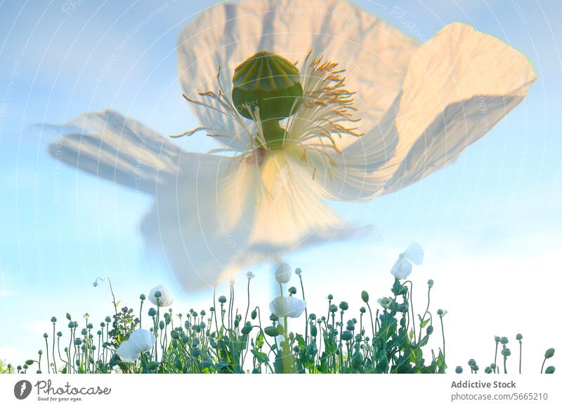 Ethereal white poppy flower against a soft sky, with translucent petals glowing in the sunlight above a field of buds ethereal bloom delicate nature spring