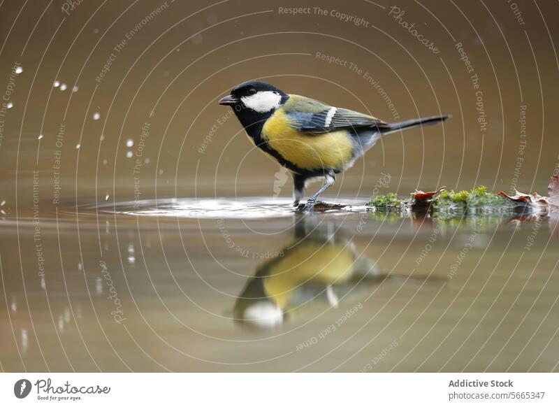 Blue tit standing on mossy ground by water, with its reflection and raindrops around blue tit bird nature wildlife calm serene tranquil feather beak