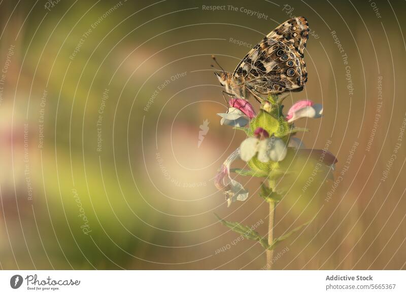 A Vanessa cardui butterfly with intricate wing patterns perches on a soft pink and white flower, with a dreamy, blurred meadow background in the soft light of a late spring afternoon