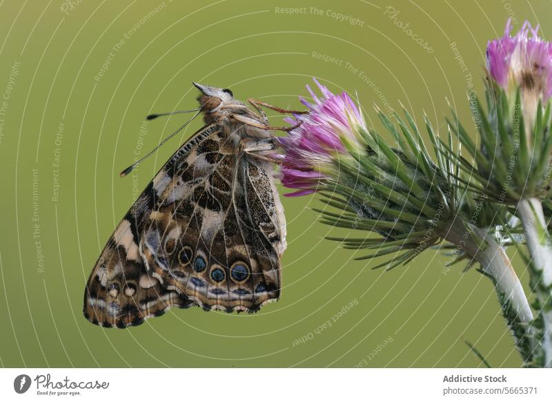 Close up of a Vanessa cardui butterfly with wings detailed in brown, orange, and white patterns, clinging to a purple thistle flower against a smooth green background