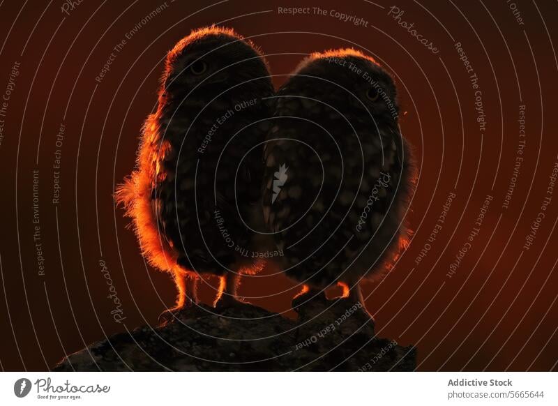 Silhouettes of two small owls glowing with the fiery orange light of sunset on a rock Owlets silhouette wildlife nature bird nocturnal dusk feather animal avian