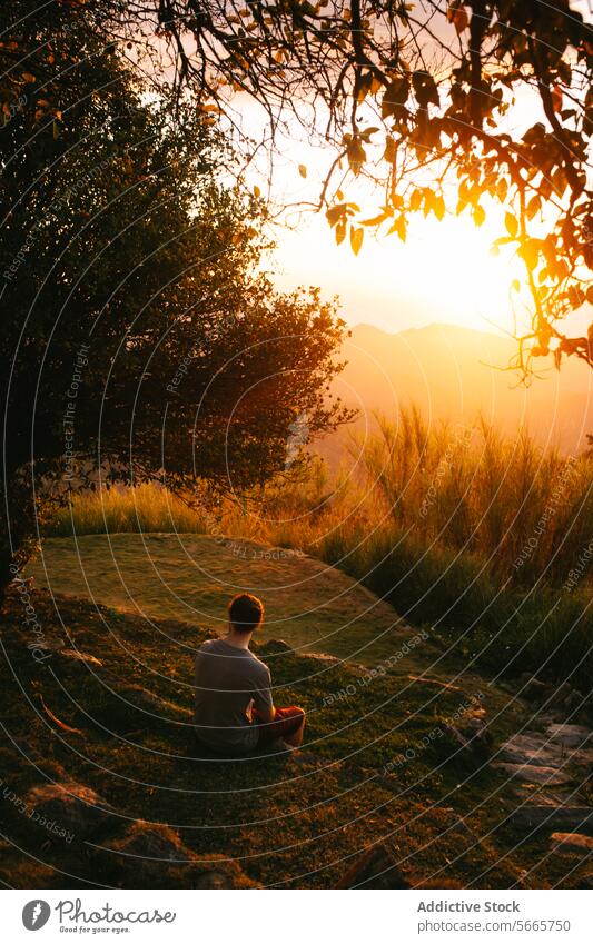 Serene sunset meditation in nature in Minca, Colombia person serenity tranquility golden hour landscape peaceful grassy hill glow warm light sitting mindfulness