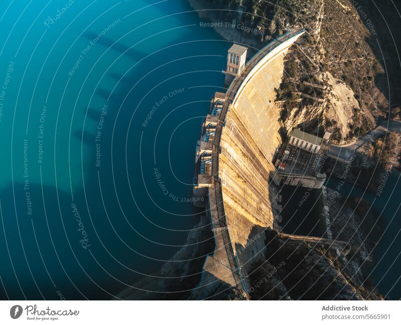 Top view dramatic aerial perspective of a dam casting long shadows across the water at sunrise or sunset reservoir hydroelectric infrastructure landscape energy