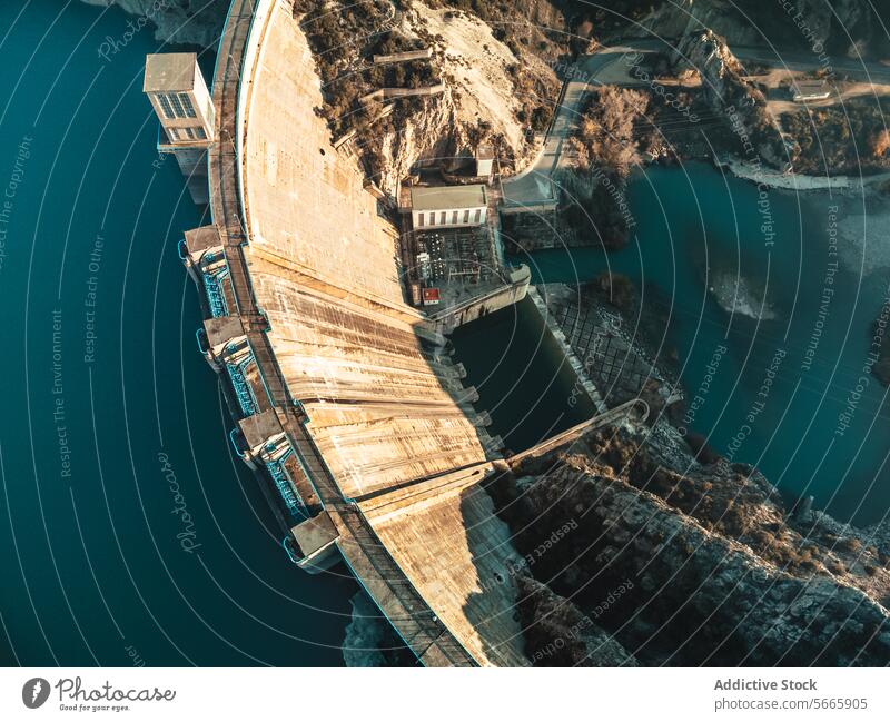 Top view dramatic aerial perspective of a dam casting long shadows across the water at sunrise or sunset reservoir hydroelectric infrastructure landscape energy