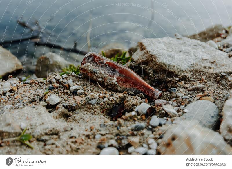 A discarded bottle pollutes a natural lakeside illustrating environmental neglect and the need for conservation pollution waste litter trash water shoreline