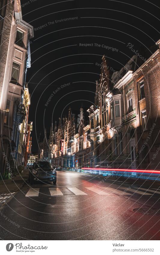 Evening city centre of Ghent in the Flanders region, Belgium. Classic streets of Belgian cities. Historic buildings of the wealthier part of Ghent heritage gent