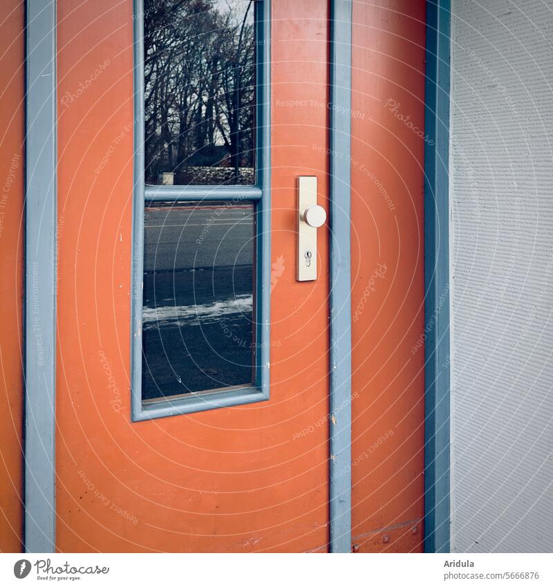 Front door | Orange and light blue front door Entrance House (Residential Structure) 50s Blue Colour Window Glass reflection door handle Facade Town Building