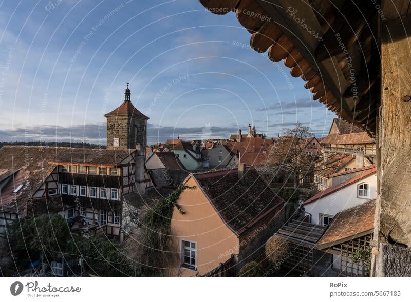 View from the town wall in Rothenburg. Deaf Medieval times medieval castle Lock Stairs Park door shrubby City wall rampart Nature Culture Manmade landscape park