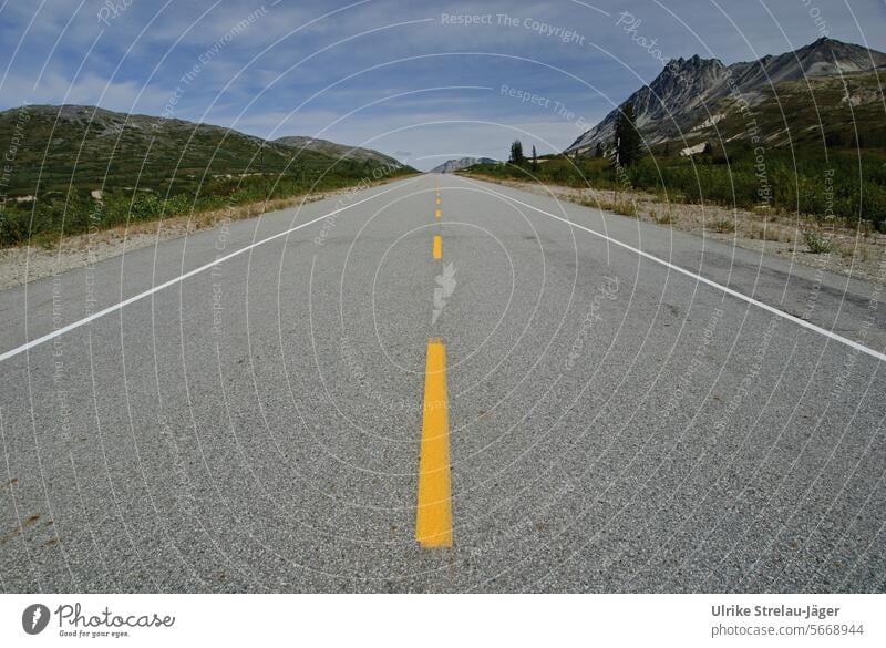 Alaska | lonely road into endless expanses with yellow markings Street road course by oneself Lonely Lane markings Asphalt Traffic infrastructure Mobility