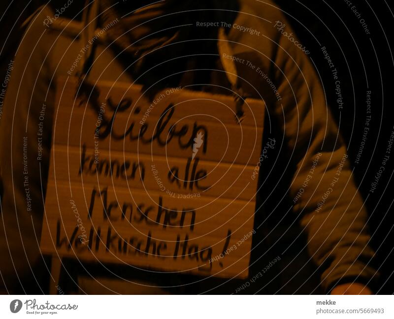 Demo - World Cuddle Day Demonstration Protest demonstrate Politics and state Solidarity sign Love Cuddling Fascism Respect Fairness Human rights protest Sign