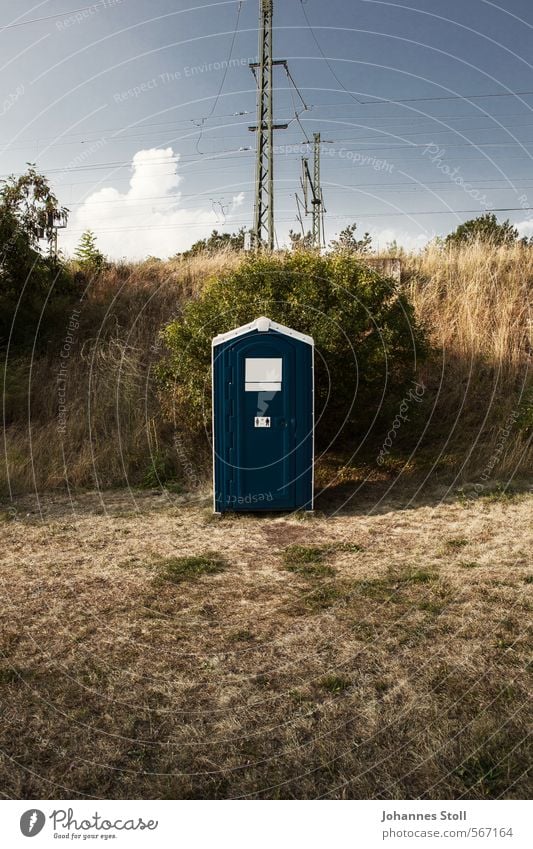 quiet place Construction site Outdoor festival Bushes Meadow Deserted Hut Traffic infrastructure Rail transport Plastic Blue Loneliness Colour photo