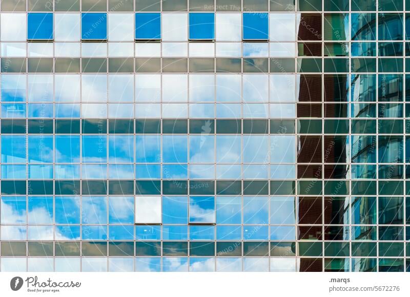 mirror image Glass Reflection Facade Irritation Glas facade Line Beautiful weather Clouds Sky Modern Building Architecture Grid Window