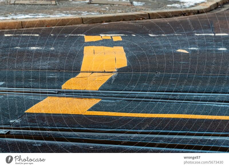 Yellow temporary road marking in front of a pedestrian crossing Lane markings Yellow road marking Temporary road marking Construction site area