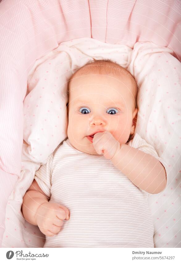 Amazed infant in a bassinet 0-6 months amazed attentive baby bassinette bed blue-eyed caucasian child childhood cradle cute expression eyes face facial girl