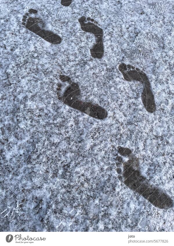 Footprints in the snow Feet Footpath Lanes & trails Snow Footprint in the snow footprint Barefoot Healthy Winter Harden Cold cold season cold temperature