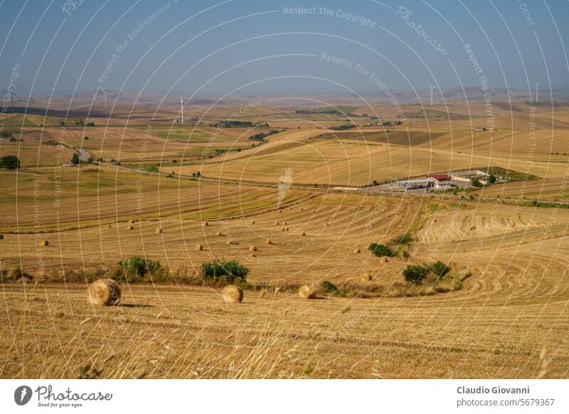 Country landscape near Oppido Lucano and San Chirico, Basilicata, Italy Europe Potenza agriculture bale color country day field hill mountain nature photography