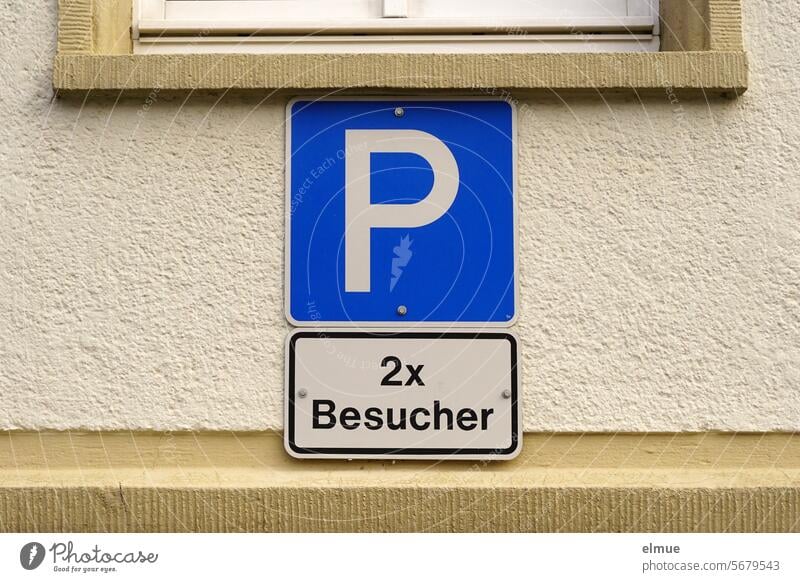 R as in ... reserved - parking sign with additional sign 2x visitors on a building under a window - visitor parking lot Parking sign Parking lot