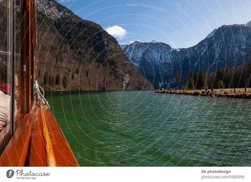 Boat at lake Konigssee in Berchtesgaden National park, Bavaria, Germany Königssee panorama Steinernes Meer Malerwinkel mountain landscape rocks Watzmann