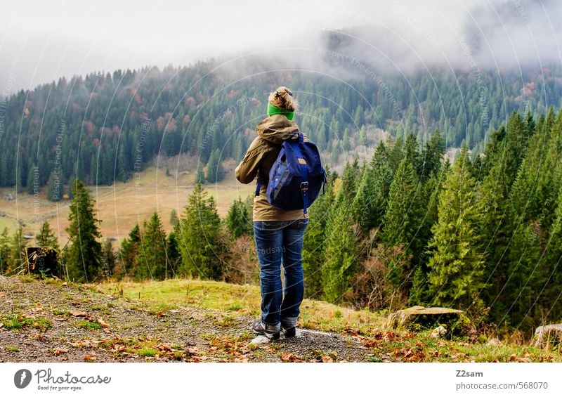 Young woman hiking Trip Mountain Hiking Feminine Youth (Young adults) 18 - 30 years Adults Nature Landscape Autumn Weather Fog Tree Bushes Forest Alps Headband